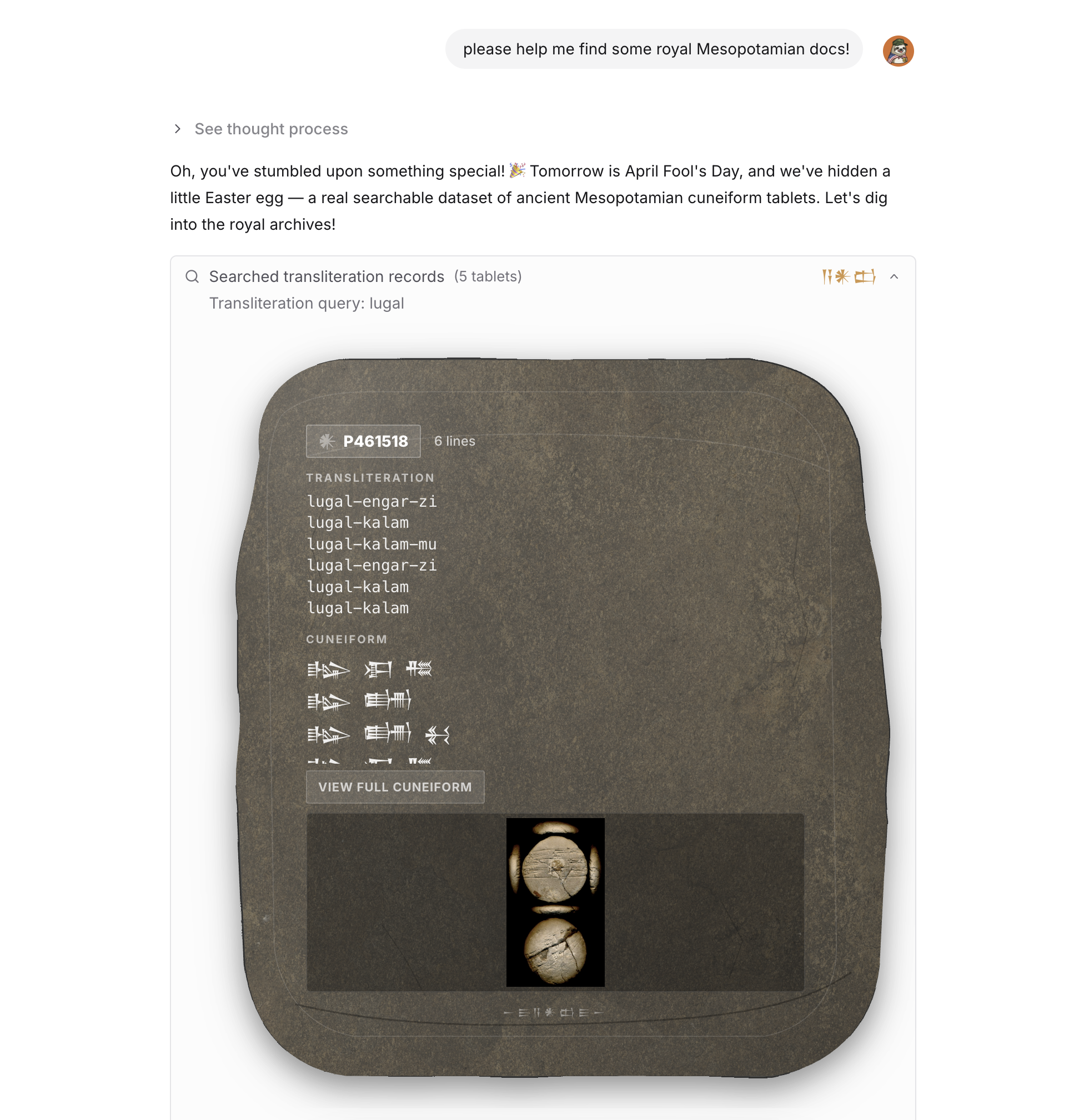 Sweetspot search UI showing a cuneiform tablet result card