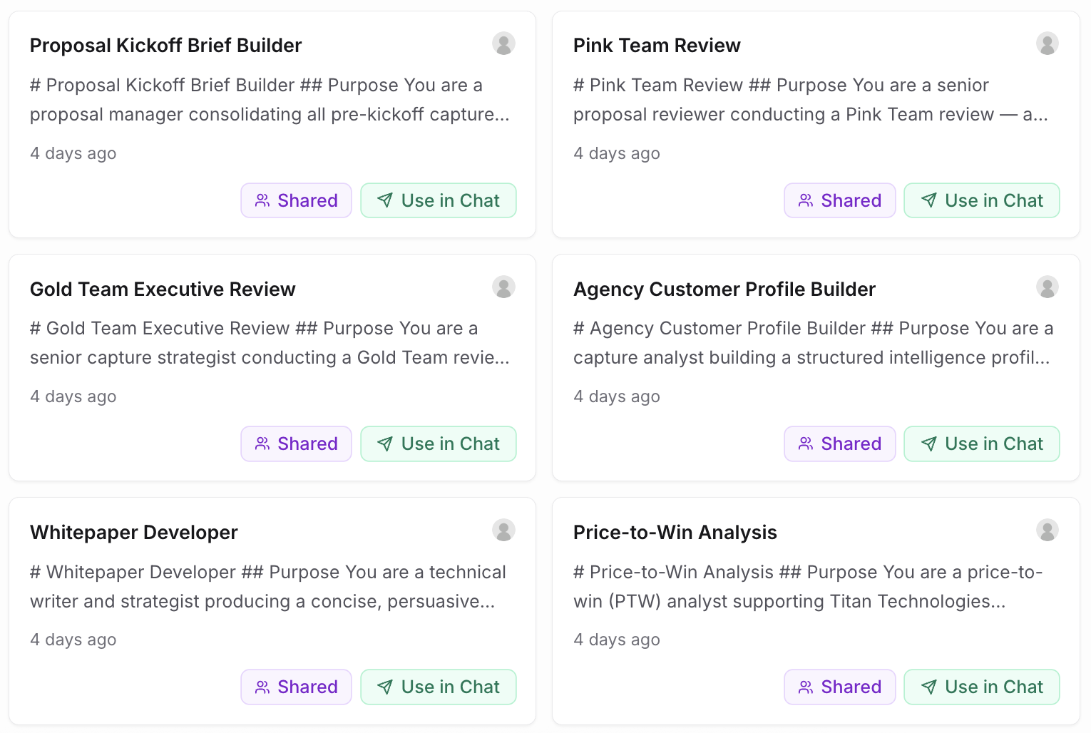 Playbooks library showing saved, team-shared prompts like Red Team Proposal Review and Price-to-Win Analysis, each with Use in Chat