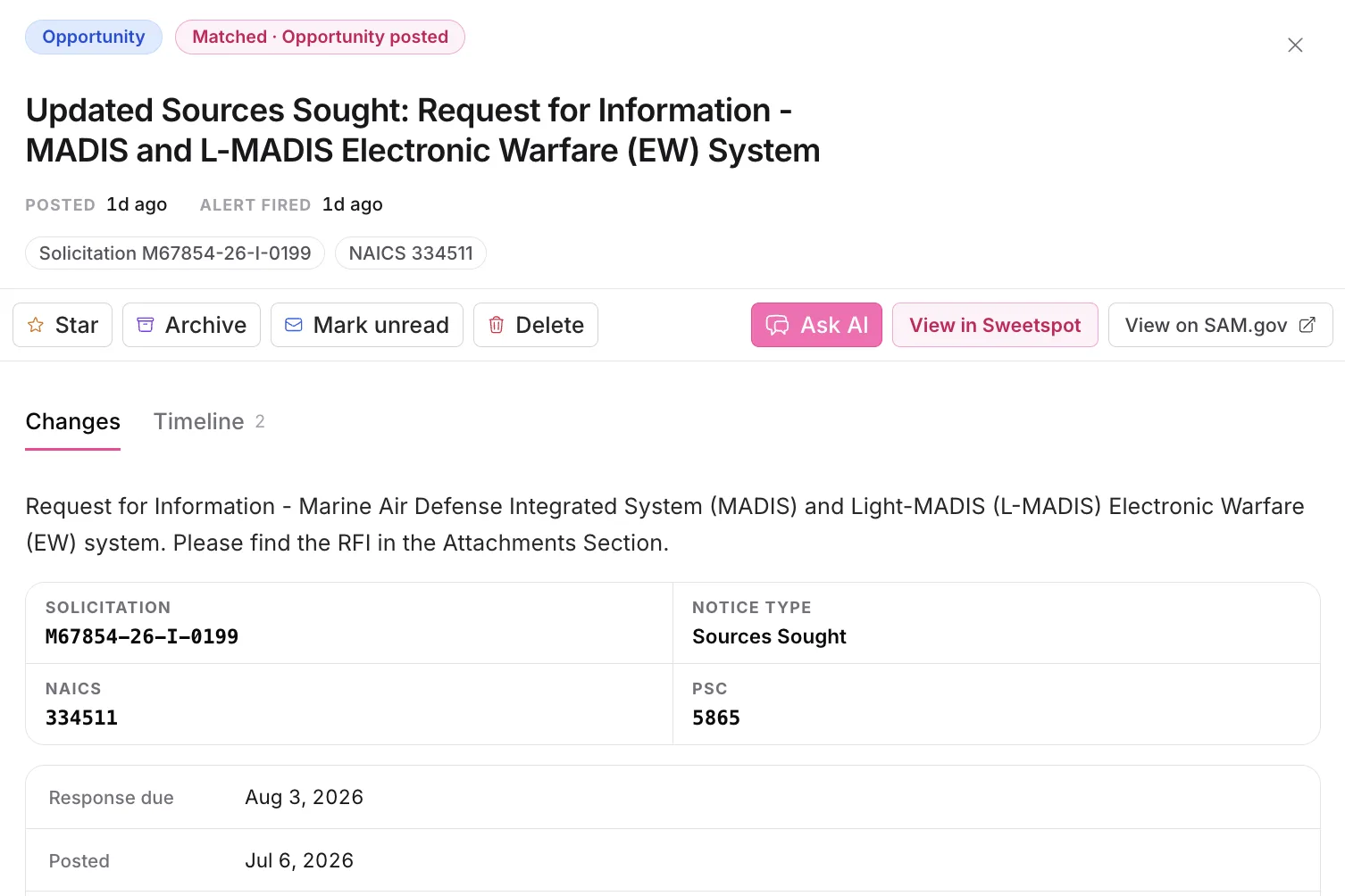 Agency monitor alert for an updated Sources Sought RFI, showing solicitation number, notice type, NAICS, PSC, and response deadline