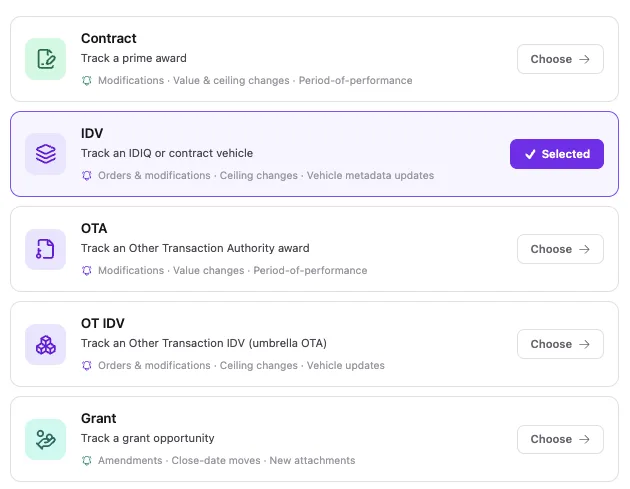 Tracked resource picker listing contract, IDV, OTA, OT IDV, and grant types with the change signals each one watches