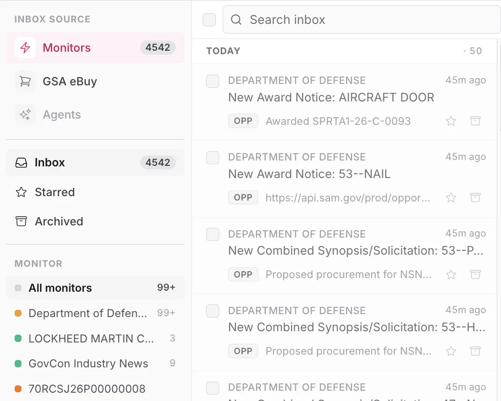Monitors inbox showing the source rail with unread counts, per-monitor filters, search, and a feed of new award and solicitation alerts