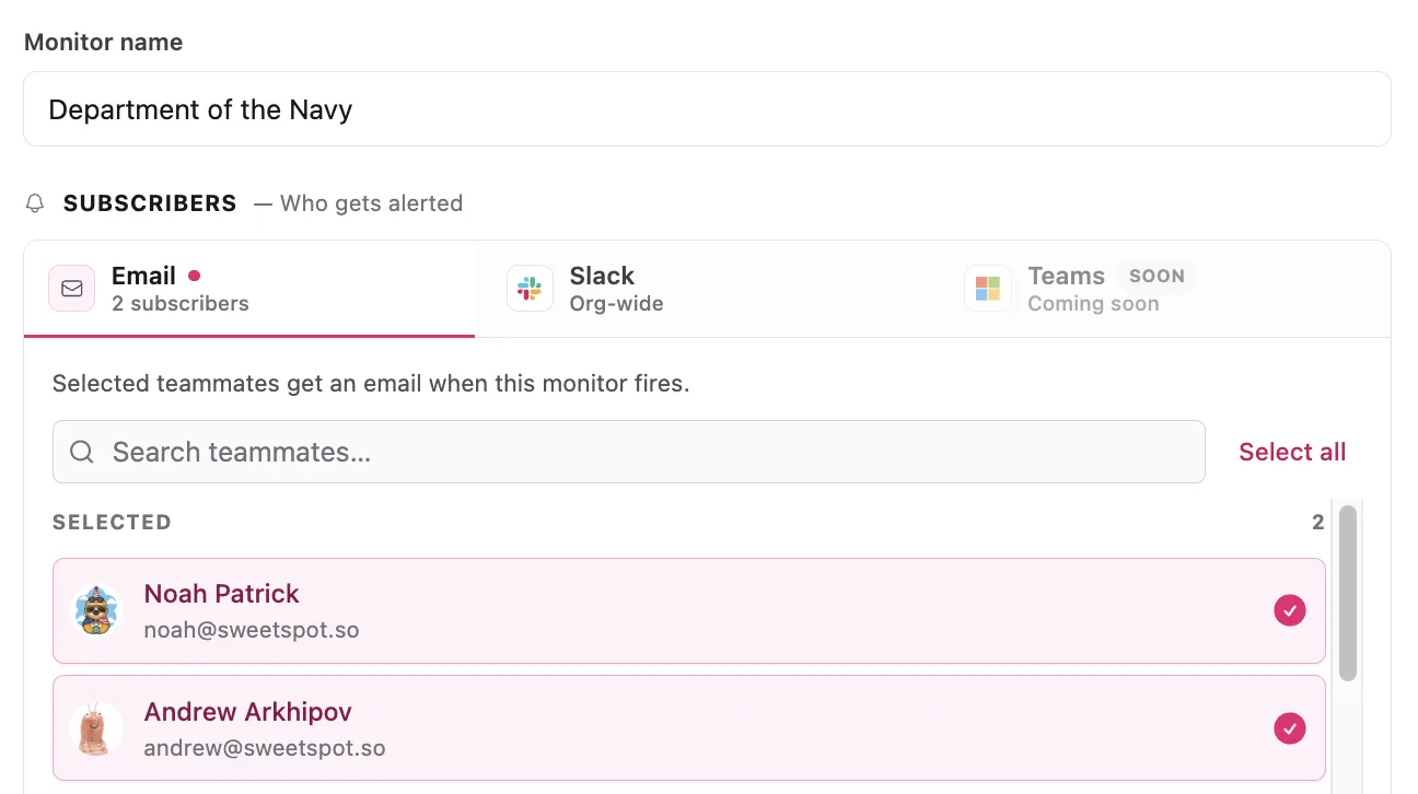 Monitor delivery settings showing email subscribers, a Slack channel tab, and Teams marked coming soon