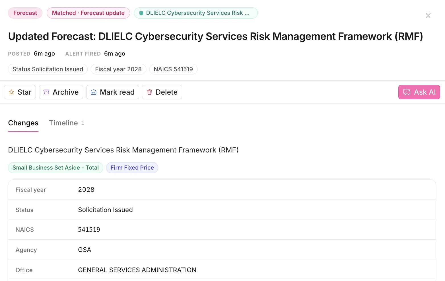 Forecast update alert showing changed fiscal year, status, NAICS, and agency fields on a cybersecurity services forecast, with a changes and timeline view
