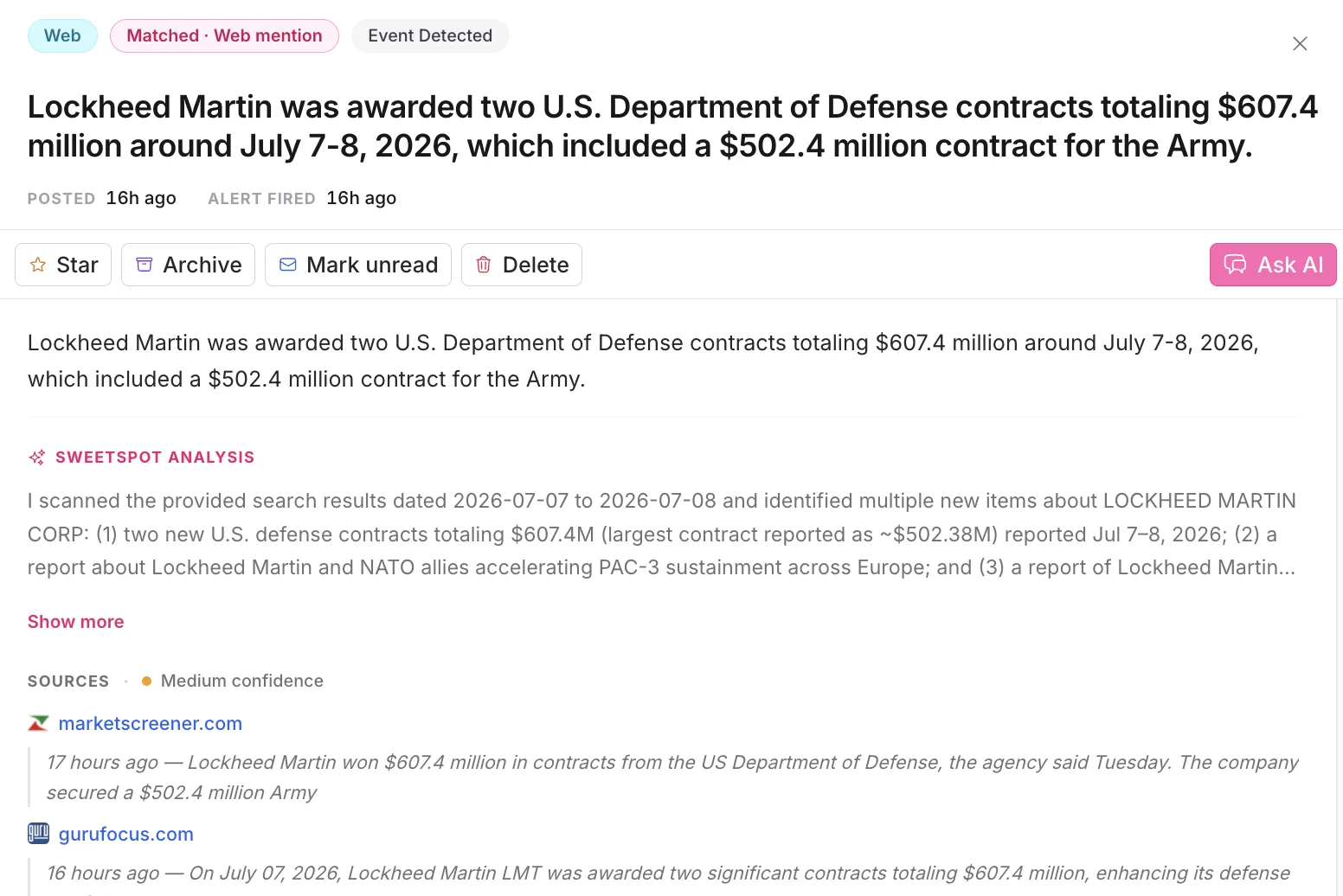 Vendor monitor alert showing a web mention that Lockheed Martin was awarded two Department of Defense contracts totaling $607.4 million, with sources and Sweetspot analysis