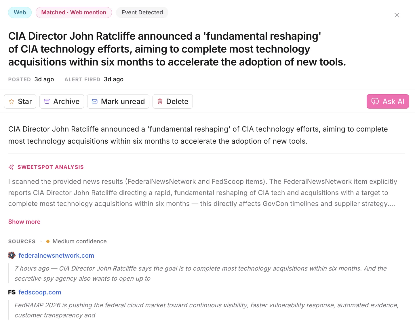 Web monitor alert summarizing news coverage of CIA technology acquisition changes, with matched sources and Sweetspot analysis