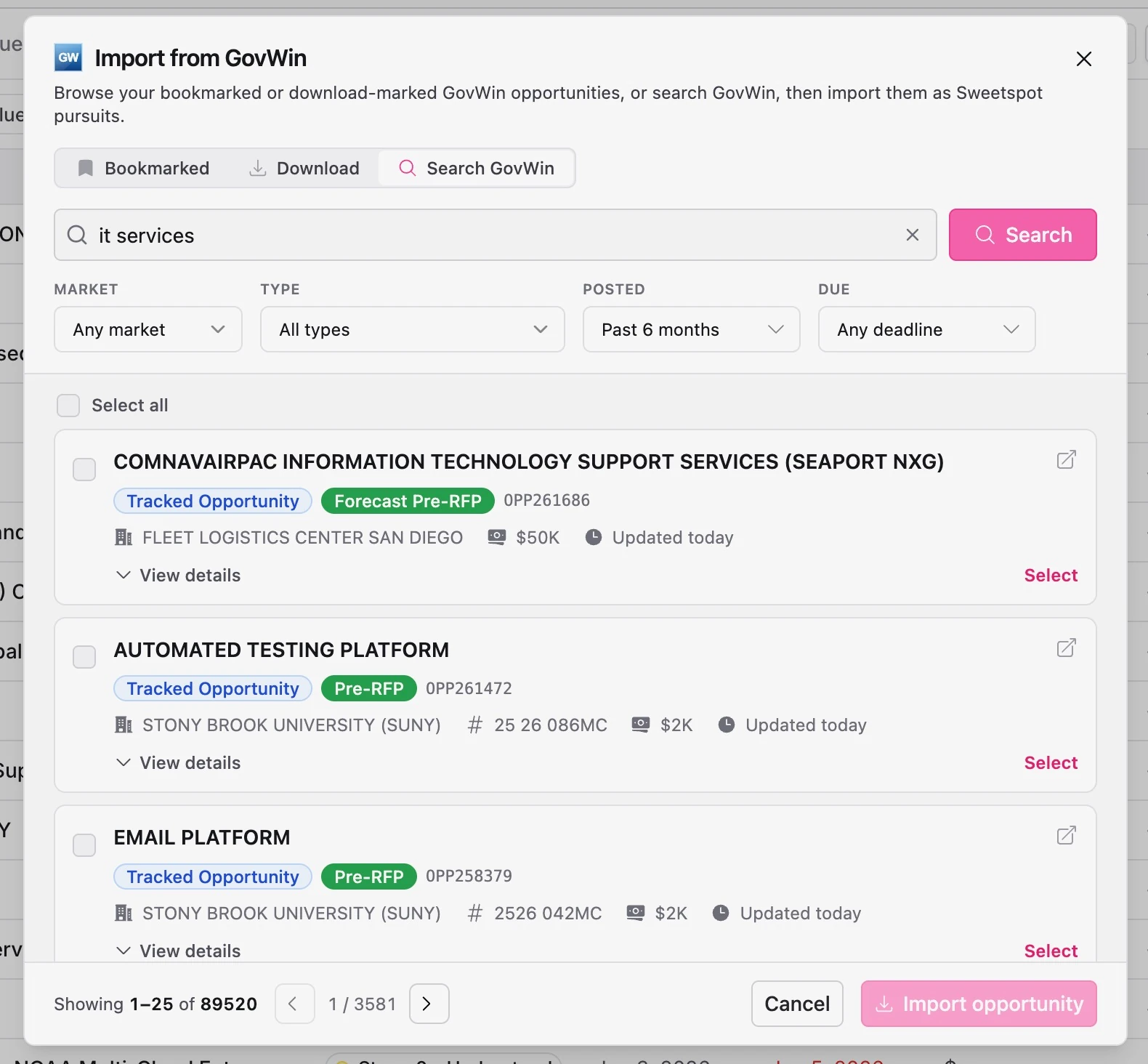Import from GovWin dialog showing tracked opportunities ready to import into Sweetspot as pursuits