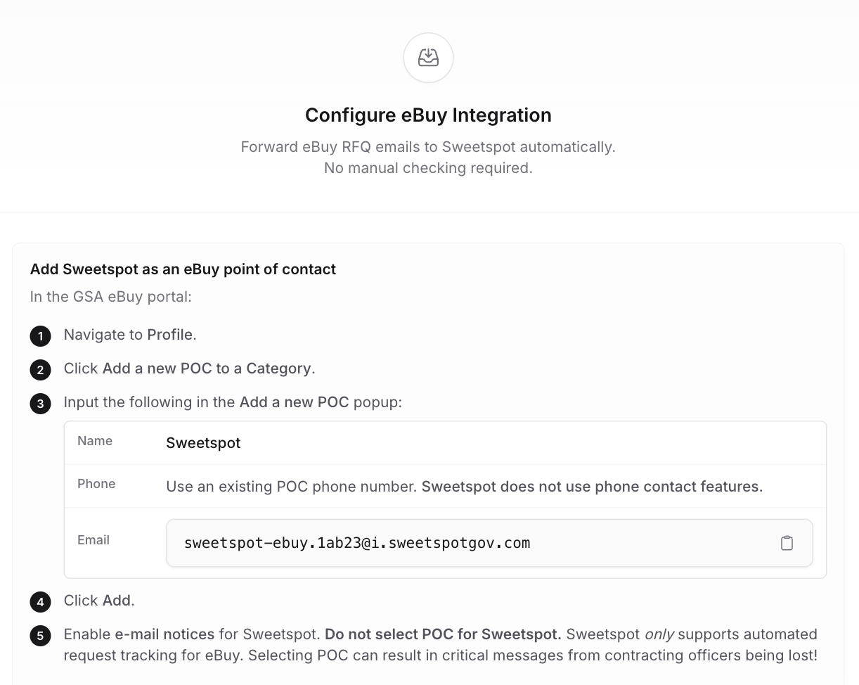 GSA eBuy integration setup showing the unique Sweetspot ingest email in the Pursuits Inbox