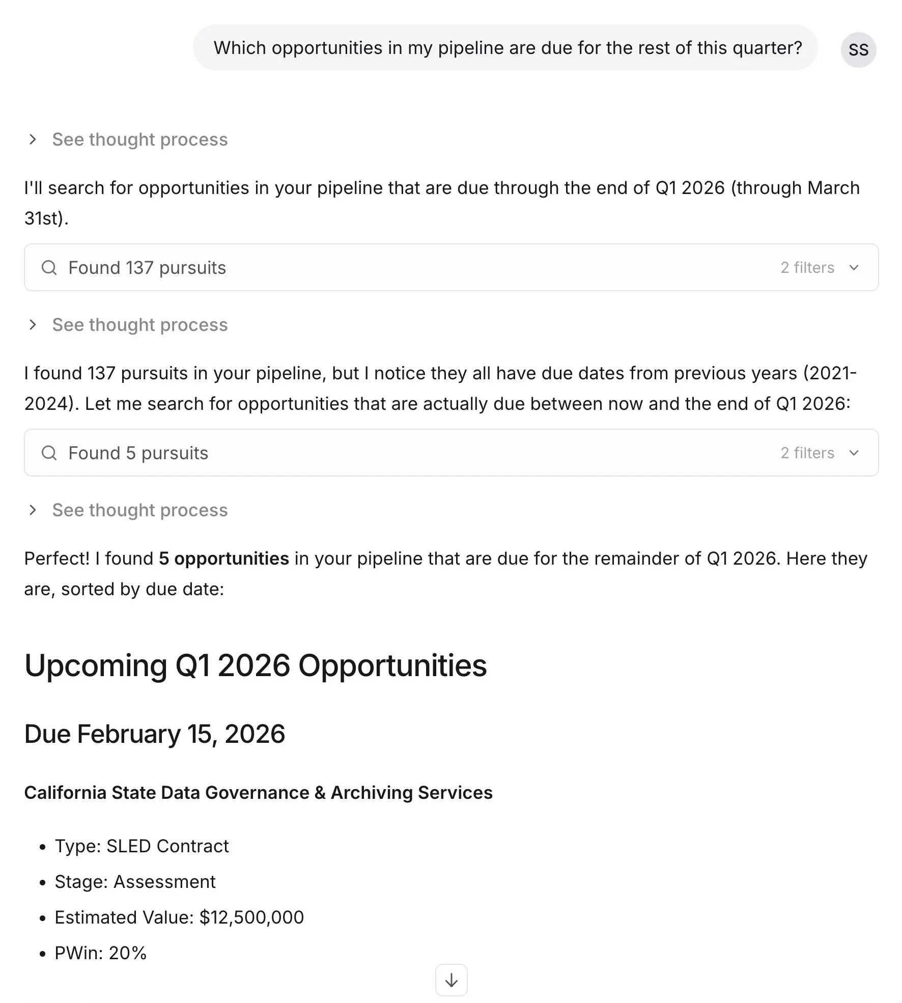 Sweetspot AI chat interface showing pipeline query results for upcoming opportunities