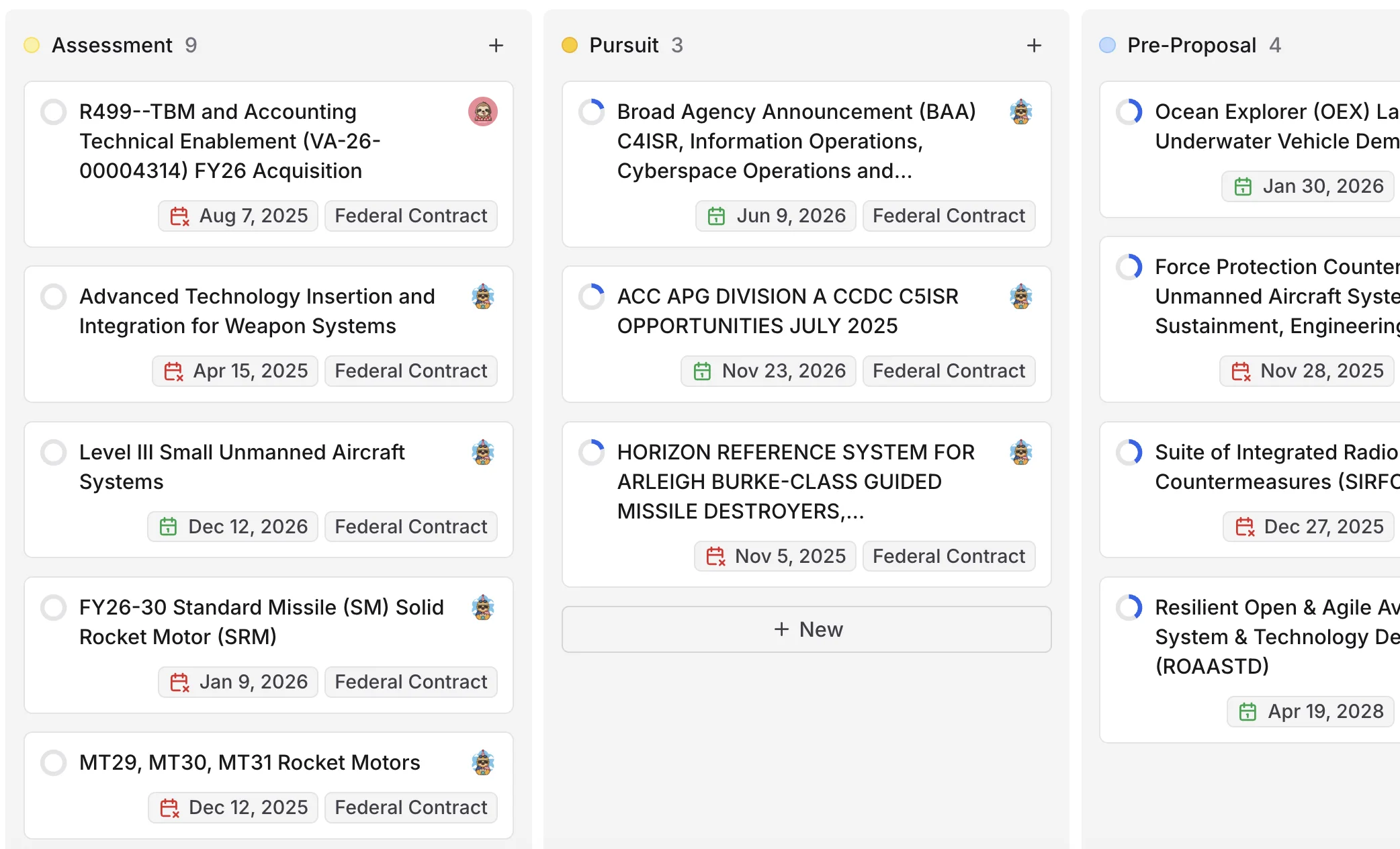 Pipeline kanban view showing opportunities organized by stage