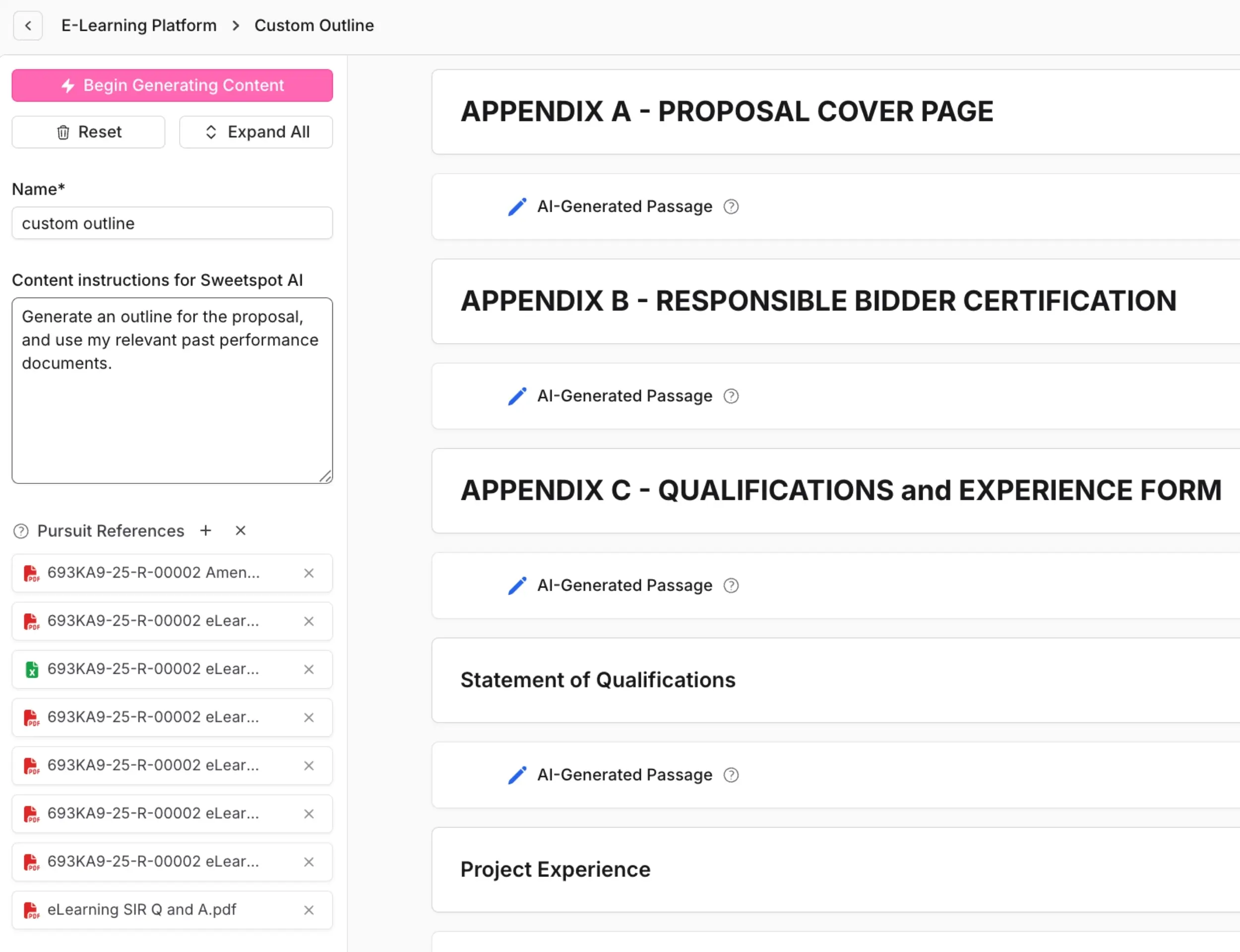 Custom outline generation interface with proposal passages