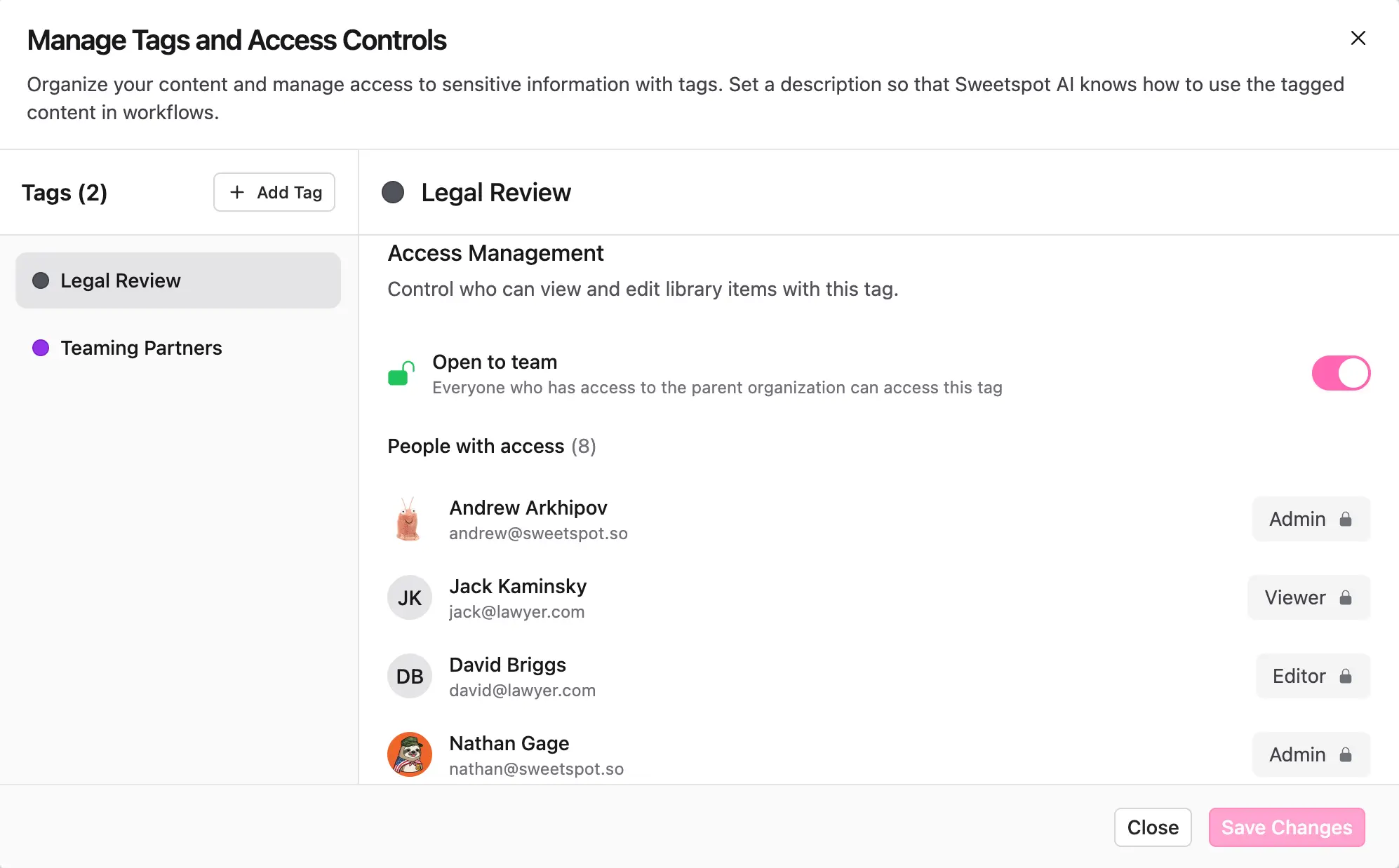 Role-based access control interface showing tag management and user permissions
